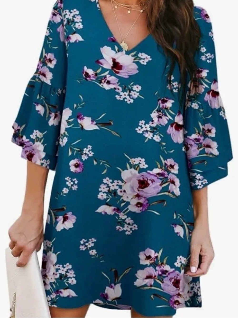 Floral V-Neck Teal Women's Shift/Tunic Dress